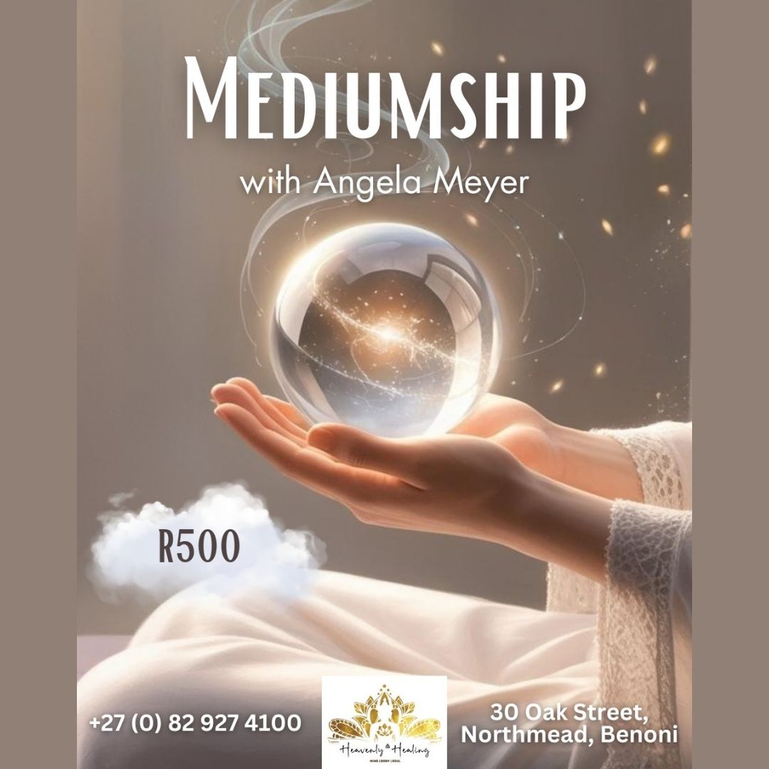 Mediumship reading session with practitioner channeling messages from the spirit realm, offering spiritual connection, emotional healing, and comfort through communication with departed loved ones—available online and in-person in Benoni and Cape Town.