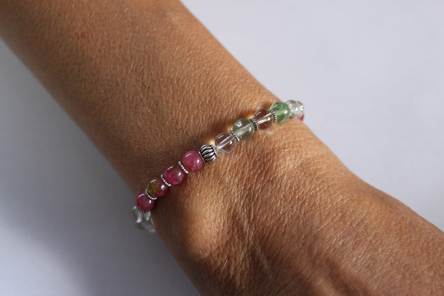 Watermelon, Fluorite and Clear Quartz Crystal Bracelet
