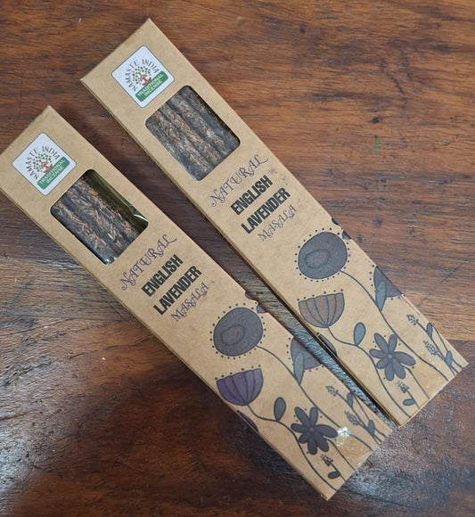 English Lavender Masala incense sticks by Natural – calming and soothing incense for meditation, relaxation, and stress relief.