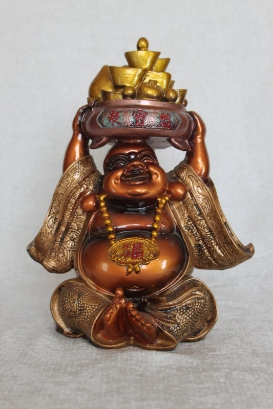 Laughing Buddha Holding Gold Ingots and Fruits