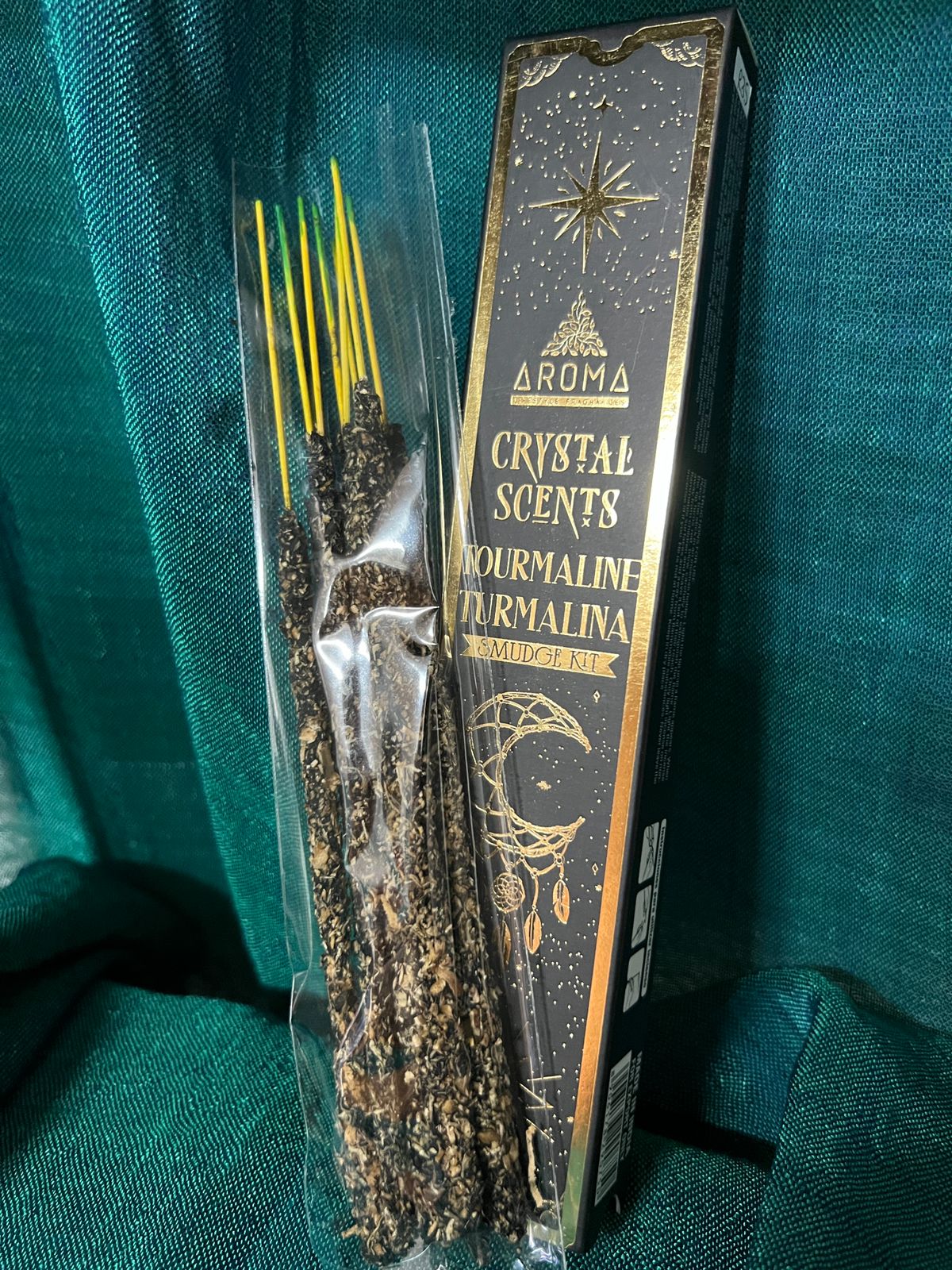 Tourmaline smudge incense sticks with natural crystals – luxurious incense for protection, grounding, and positive energy.