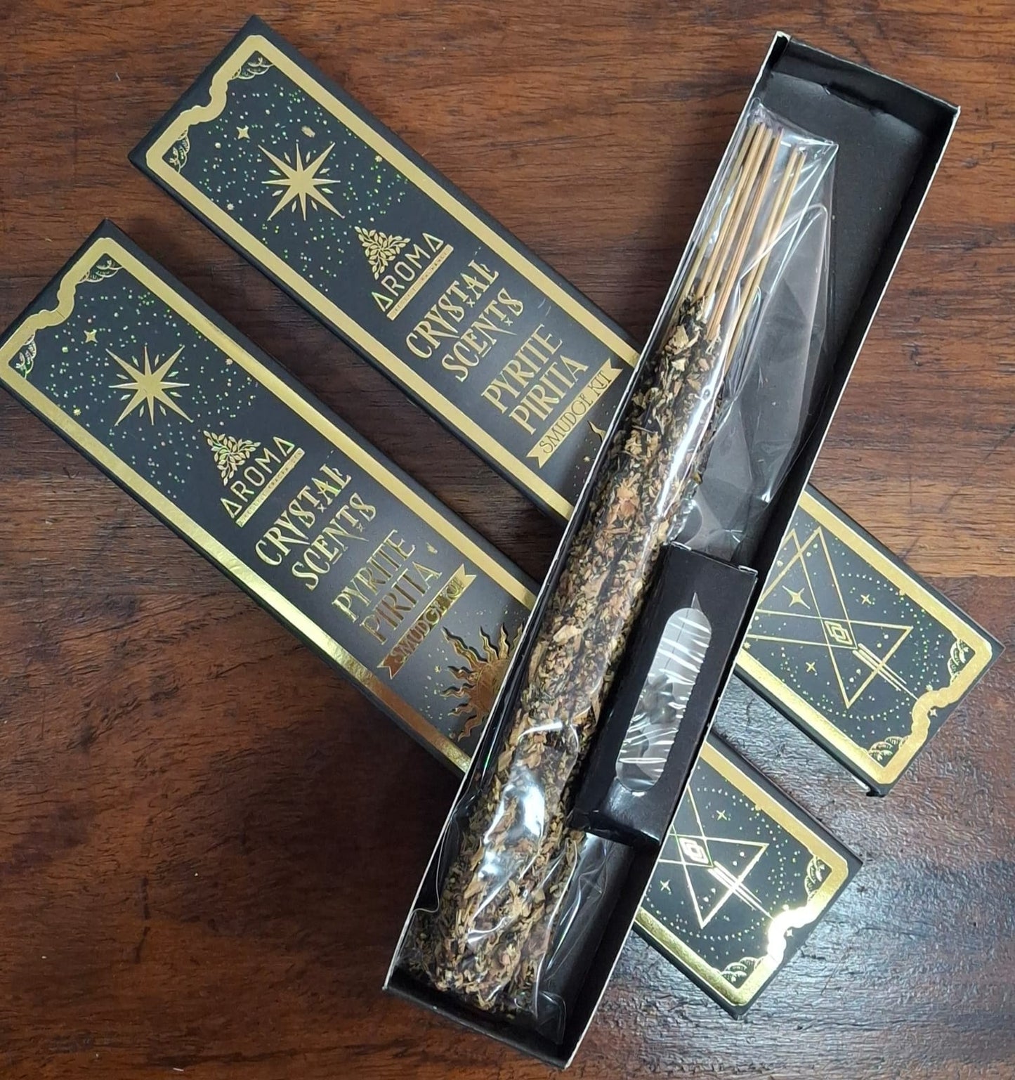 Aroma Crystal Scents Pyrite Smudging Kit – incense and smudging set with pyrite crystal for protection, abundance, and energy clearing.