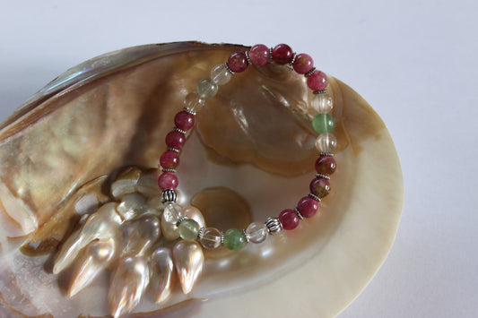 Watermelon, Fluorite and Clear Quartz Crystal Bracelet