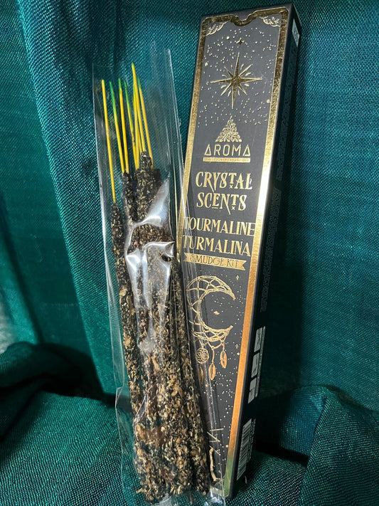 Tourmaline smudge incense sticks with natural crystals – luxurious incense for protection, grounding, and positive energy.