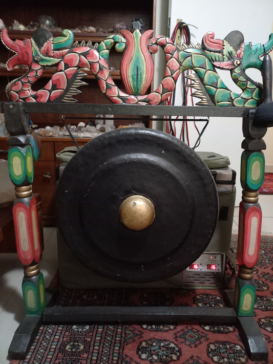Large Traditional Copper Gong with Ornate Red and Green Dragon Stand