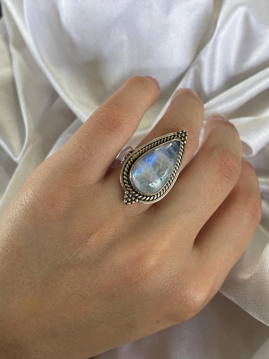 Rainbow Moonstone Tear Drop Sterling Silver Ring